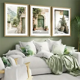 Uixxducc 3er Premium Abstrakt Mediterrane Architektur Steinmauern Rustikale Grüne Türen Wandkunst Poster Set, Modern Bilder Wandposter Für Wohnzimmer Schlafzimmer, Ohne Rahmen(30 * 40)