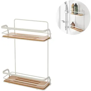 Avilia Rechteckiges Wandregal mit 2 Ablagen für Badezimmer, Duschregal mit 2 Regalen, aus Stahl und Holz, 26 x 10 x 36 cm, Weiß und Braun