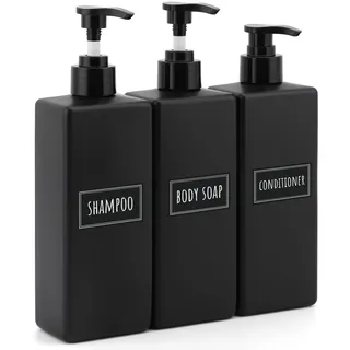 Segbeauty Seifenspender Schwarz Matt, 3 Stück 500ml Seifenspender Bad, Shampoo Spender Nachfüllbarer, Handseifenspender mit Wasserdichten Etiketten, Badezimmer Set