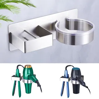 WAYASI Glätteisen Halterungs Ohne Bohren, Föhnhalter Wand, Föhn und Glätteisen Halterung Aufbewahrung, Fönhalterung Wandhalterung, Föhnhalterung Bad, Selbstklebend Haartrocknerhalter (Silber)