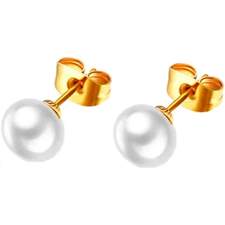 JewelryWe Schmuck Damen Ohrstecker, 8mm Hochwertige Süßwasser Zuchtperlen Edelstahl Perlenohrstecker Ohrringe mit Weiß Echten Perlen, Gold
