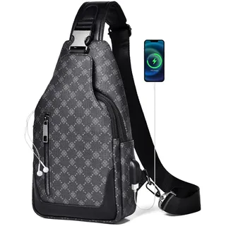SUCIKORIO Brusttasche Herren Leder, Wasserdichte Klein Umhängetasche Schultertasche Herren Sling Crossbody Bag Mit USB Schnittstelle und Kopfhöreranschluss Herrentasche Für Travel, Festival, Männer