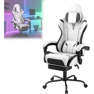 VA-Cerulean Gaming Stuhl Massage Computerstuhl Ergonomisch Gaming Sessel Bürostuhl Drehstuhl mit Massage Lendenkissen, Fußstütze, Gepolsterte Armlehnen Kopfstütze Schreibtischstuhl Gaming Chair(Weiß) - Weiß