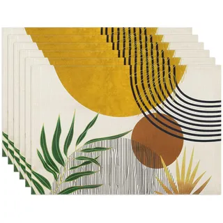 fanquare Boho Platzsets Set von 6 gelben modernen Blatt Tischsets rechteckiger Stoff waschbar rutschfeste Platzsets für die heimische Küche Essdekoration (45x30CM)