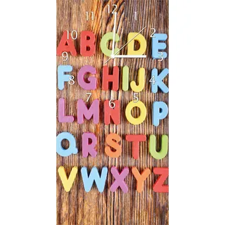 Wallario Design Wanduhr bedruckt, Größe 30 x 60 cm, Motiv: Bunte Buchstaben - Alphabet auf Holz - Schwarz