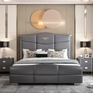 Design Doppelbett Lederbett Betten Bett Leder Polster Schlafzimmer Ehe 180x200cm - Grau, Gold