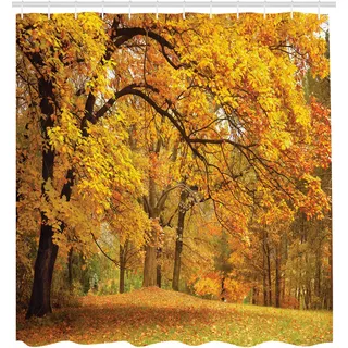 ABAKUHAUS Wald Duschvorhang, Verblasste Gefallene Gelbe Blätter Zweige Landschaft Wald November Herbstsaison, Stoffliches Gewebe Badezimmerdekorationsset mit Haken, 175x220 cm, Orange und Braun - Weiß