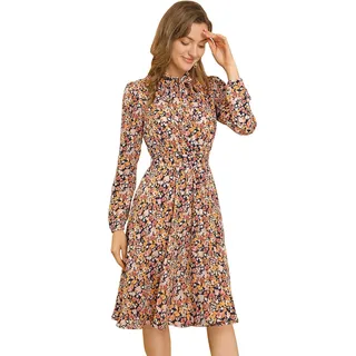 Allegra K Damen-Kleid mit Gürtel, Chiffon, Lange Ärmel, Vintage-Blumendruck, mit Gürtel - Gelb - Klein