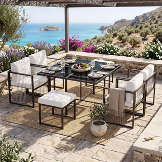 MODFU Garten-Lounge-Set Gartenmöbel -Set, Gartenstuhl 7er set Esstisch und Stuhlset für 6 Personen, mit Sitzkissen und Rückenkissen ,Schwarz+ Weiß - Schwarz