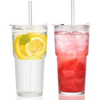 VITEVER 600ml Groß Trinkglas mit Deckel und Strohhalm, 2er Set Bubble Tea Becher, Outdoor Latte Macchiato Gläser, Glasbecher, Trinkbecher für Smoothie Eiskaffee Matcha Cocktail Saft