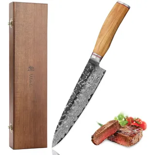 Wakoli Damast Chefmesser I 20cm Klinge I Olivenholzgriff und Hammerschlag