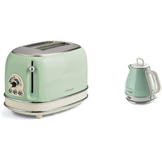 Ariete 155 Vintage Toaster, 2 Scheiben, 810 W, 3 Funktionen, 6 Bräunungsstufen, Grün & 2868 Vintage, elektrischer Design-Wasserkocher aus Edelstahl für Aufgussgetränke, 1 Liter, 1600 W, Grün