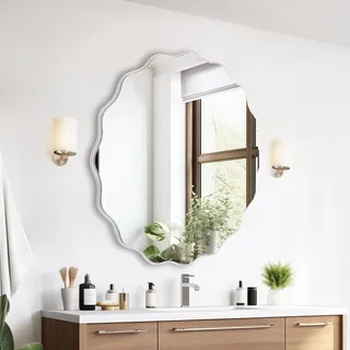 GIOVARA Wandspiegel Dekorative Wandspiegel zum Aufhängen ⌀50 cm Unregelmäßiger Wellenspiegel Moderner Industrial Spiegel Badezimmer Spiegel für Bad, Waschtisch, Wohnzimmer, Schlafzimmer(Weiß)