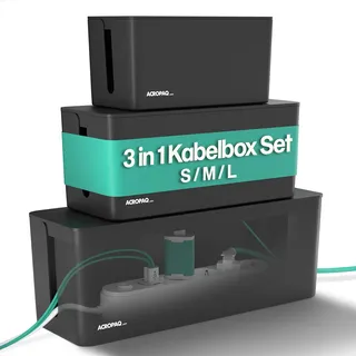 ACROPAQ Kabelbox 3 in 1 Set - Große, Medium und Kleine Kabelboxen, ganz einfach Kabel verstecken und Steckdosen verstecken, Wasserfest, rutschfest, Kabelmanagement ohne Kabelsalat mehr - Schwarz