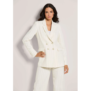 Jackenblazer MADELEINE "Blazer Oversize-Blazer mit Nadelstreifen", Damen, Gr. 38, weiß (perlweiß, grau), Obermaterial: 55% Baumwolle CO. 20% Leinen LI. 20% Polyester PES. 5% sonstige Fasern AF., Modern, normal, Blazer Jackenblazer