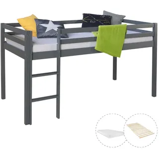 Homestyle4u Hochbett Lattenrost Matratze 90/200 cm Grau , Holz , Babymöbel & Kindermöbel, Kinderzimmer & Jugendzimmer, Kinderbetten, Hochbetten