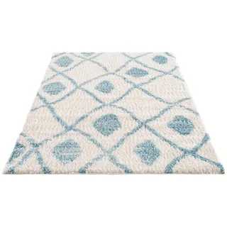 Carpet City Teppich Shaggy Hochflor & Ethno-Stil 140x200 cm Blau Creme - Moderne Wohnzimmer-Teppiche