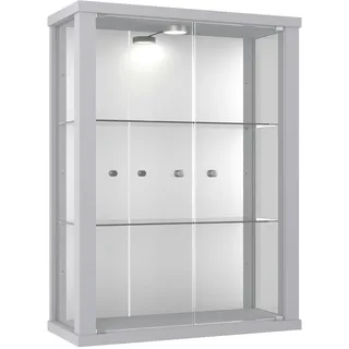 VR-Wohnideen K-Möbel Hängevitrine in Alu / Silber (80x60x25 cm) mit 2 höhenverstellbaren Glasböden, Spiegel & LED - Modellauto Vitrine Silber