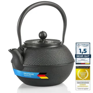 DIMONO® Japanische Teekanne aus Gusseisen 1300ml inkl. Edelstahl Sieb | Hält Tee extra lange warm, asiatische Gusseisenkanne, 1300ml Volumen, emaillierte Innenseite, schwarzes Design für Zuhause