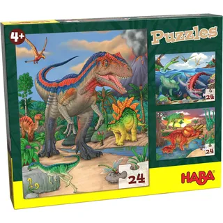 HABA Kinderpuzzle Dinosaurier – 3-teiliges Dinosaurier-Puzzle-Set für Kinder ab 4 Jahren – je 24 große Teile aus stabilem Karton – Fördert Konzentration & Feinmotorik – 1303377001