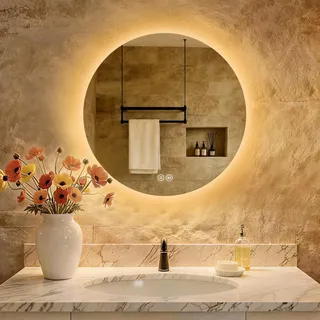 S'AFIELINA LED Badspiegel Rund Badezimmerspiegel Wandspiegel mit Touch-Schalter,3 Lichtfarbe 3000/4000/6500K 50 cm - Transparent