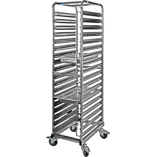 Saro Regalwagen für 1/1 GN-Behälter – Etagenabstand 75 mm – Tragkraft 150 kg – Rollen mit Bremse – Chromnickelstahl – Modell LIAM