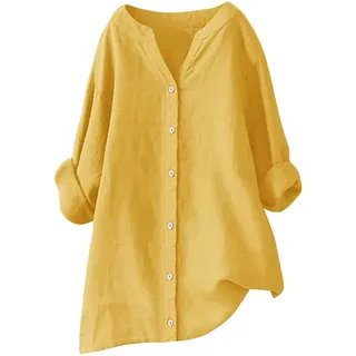 Musselin Bluse Damen - Elegant Tshirt V-Ausschnitt Leinenbluse mit Knöpfen Sommer Hemdbluse Baumwolle Oversize Oberteile Leinenhemd Langarmshirt