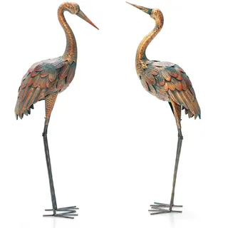 FANTASK 2-teiliges Set Gartenstatuen, Kranich, Kranichskulpturen aus Metall mit wasserdichtem Design und rostresistent, Dekorative Figur für den Außenbereich, Vogelskulptur für Garten und Hinterhof