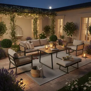 Flieks Gartenlounge-Set 6 Personen, Loungegartenmöbel Balkonmöbelset 5 Teilig, Terassenmöbelset aus Seil mit Hocker & Gartentisch, Sofagarnitur Beige - Beige