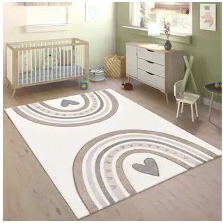 Paco Home Teppich Kinderzimmer Kinderteppich Junge Mädchen Pastell 3D Effekt Modern Regenbogen Herz Beige Creme Grau, Grösse:140x200 cm