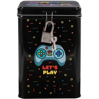 I-TOTAL® – Lustige Spardose mit Vorhängeschloss und Schlüssel, Sparbüchse aus Metall mit Verschluss (Let's Play)