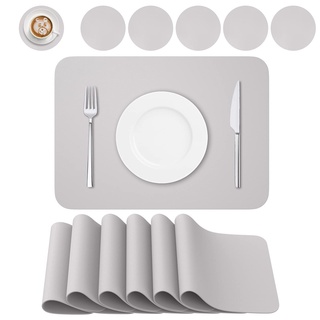 BANNIO 6er Set Tischsets Abwaschbar,Abwischbar Lederoptik Platzset und Untersetzer,Wasserdicht PVC Platzdeckchen Tischset für Hause Küche Restaurant und Hotel,41x31cm,Hellgrau