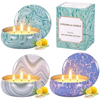 3 Stück340ml Citronella Kerzen Set Outdoor Zitronella Duftkerzen Citronella | Candle Draußen Groß Citronella Kerzen mit 3 Docht aus Sojawachs insgesamt 240h für Garten Terrasse Picknicks Camping Patio