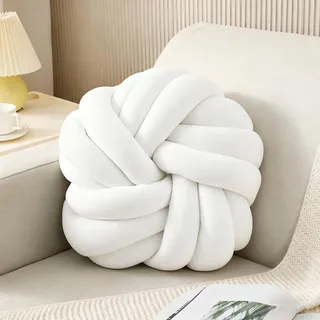 Knotenkissen, 35cm Geknotetes Wurfkissen, Handgewebte knot pillow, Knotenkugelkissen, Runde Knoten Dekokissen, Ballkissen, Plüsch Ball Knoten Kissen, Knotbugelwurf Kissen für Home Decoration, Weiß