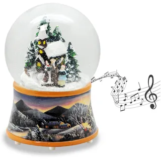 Schneekugel Weihnachtsspaziergang | Sockel nostalgische Winterlandschaft Ocker | mit Spieluhr | Schüttelkugel Weihnachtsdekoration | B: 10 cm H: 14 cm | 20092