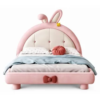 Rosa Kinderbett mit Ohren aus Leder  für Mädchen Kindermöbel - Rosa