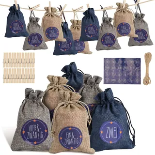 Bettizia Adventskalender zum Befüllen 2025, 24 Stück Weihnachtskalender, Weihnachtsdeko Säckchen/Tüten, Säckchen DIY Weihnachtsdeko,Blau/weiß/grau - Blau