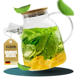CLIDOR Teekanne mit Siebeinsatz - 1,6 Liter, verstärkte Glasstärke für bessere Isolierung, Teekanne mit Stövchen nutzbar, Teekanne Glas, Thermo Teezubereiter, robuster Teapot, Teebereiter (1600ml)