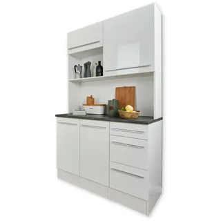 JAZZ Buffetschrank Küchenschrank mit in Weiß Hochglanz Metallic Grau | 150 x 211 x 60 cm (B/H/T), Biuffetschrank mit Arbeitsplatte, 3 Drehtüren, 3 Schubladen, Lifttür, offenes Fach, viel Stauraum