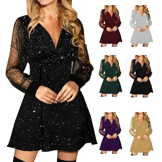 Generisch Glitzer Kleid Damen Partykleid Kleider V-Ausschnitt Chiffon Abendkleider Langarm A-Linien Abendkleid Frauen Festliches Kleid Elegant Cocktailkleid Club Oberteile