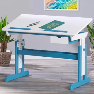 Interlink Kinderschreibtisch Pijii 120 x 60 cm Kiefer massiv weiß lackiert petrol