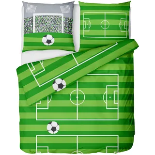 LINKHOFF Fußball Bettwäsche 135x200 cm 2tlg. - Biber Kinderbettwäsche Fußballmotiv in Grün - Bettwäsche-Set für Kinder mit Reißverschluss - 100% Baumwolle - Jungen Jungs