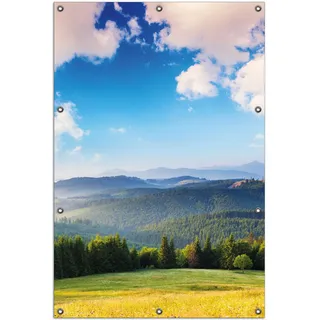 Wallario Outdoor-Poster für Garten oder Balkon, Motiv Berglandschaft im Gebirge unter blauem Himmel, in ca. 100 x 150 cm - Blau