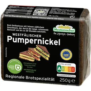 Mestemacher Westfälischer Pumpernickel vegan, 6 Scheiben, Nutri Score A, 60% Roggenvollkornschrot, vollmundiges Aroma, regionale Brot Spezialität, Diabetiker geeignet, 250g