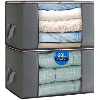 Boic 2 Stück Aufbewahrungstasche 60L, Aufbewahrungsbox Mit Deckel, Aufbewahrung Kleidung, Kleiderboxen Aufbewahrung Groß Faltbare AufbewahrungBettdecken Für Kleidung Bettdecken Kissen