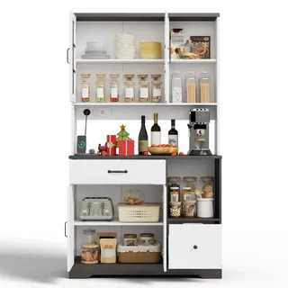 Okwish Buffetschrank 105/40/185 cm Natur/Weiß aus MDF mit LED und Steckdosen , Naturfarben , Holzwerkstoff , 105x185x40 cm , Esszimmer, Anrichten, Buffetschränke