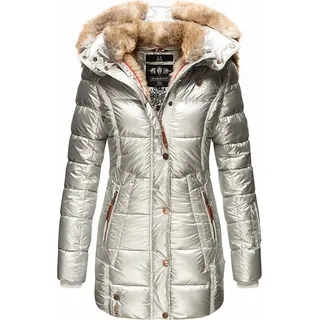 Marikoo Lieblingsjacke Damen Winter Steppjacke mit Kapuze Parka Wintermantel Kunstfellkragen Silber Gr. 34 - XS - Silber