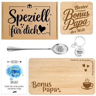 BONUS PAPA Geschenk – Holz-Servierbrett, Untersetzer, Edelstahl-Löffel, Schlüsselanhänger & Grußkarte | Stiefvatergeschenk,Vatertagsgeschenk,Geburtstagsgeschenk, Geschenk zu Weihnachten für Bonus Papa