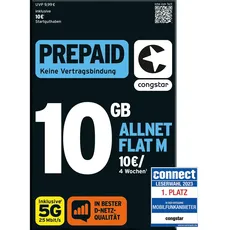 congstar Prepaid ALLNET M SIM-Karte ohne Vertrag I Allrounder Prepaid-Paket in D-Netz-Qualität I 10 GB LTE mit 25 Mbit/s + 10€ Startguthaben I Telefonie & SMS Flat in alle dt. Netze I EU-Roaming inkl.