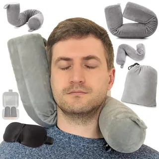 EPROICKS Nackenkissen Flugzeug Verstellbar, Reisekissen Biegsam Auto mit Memory Foam & Flexiblen Stützstäbchen –Formbar für Seitenschläfer, Inkl. Schlafmaske & Ohrstöpsel, Kompakt, Atmungsaktiv(grau)